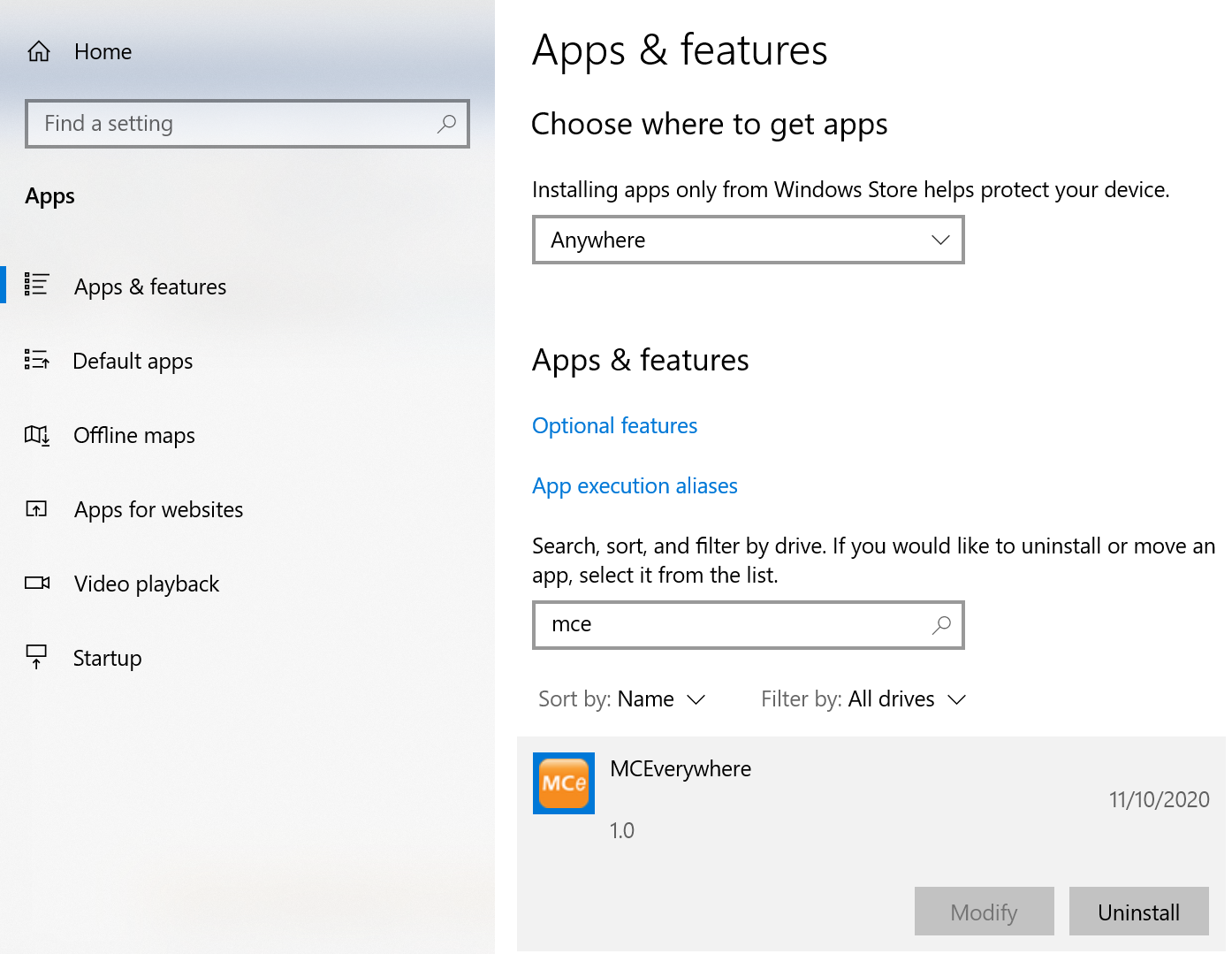 Uninstall MCe in Windows